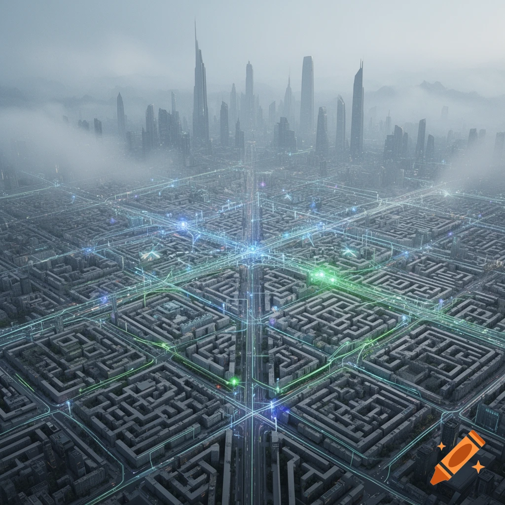 Aerial view of a sprawling futuristic cityscape under a misty sky, with glowing blue and green network lines connecting the grid-like streets and tall skyscrapers.