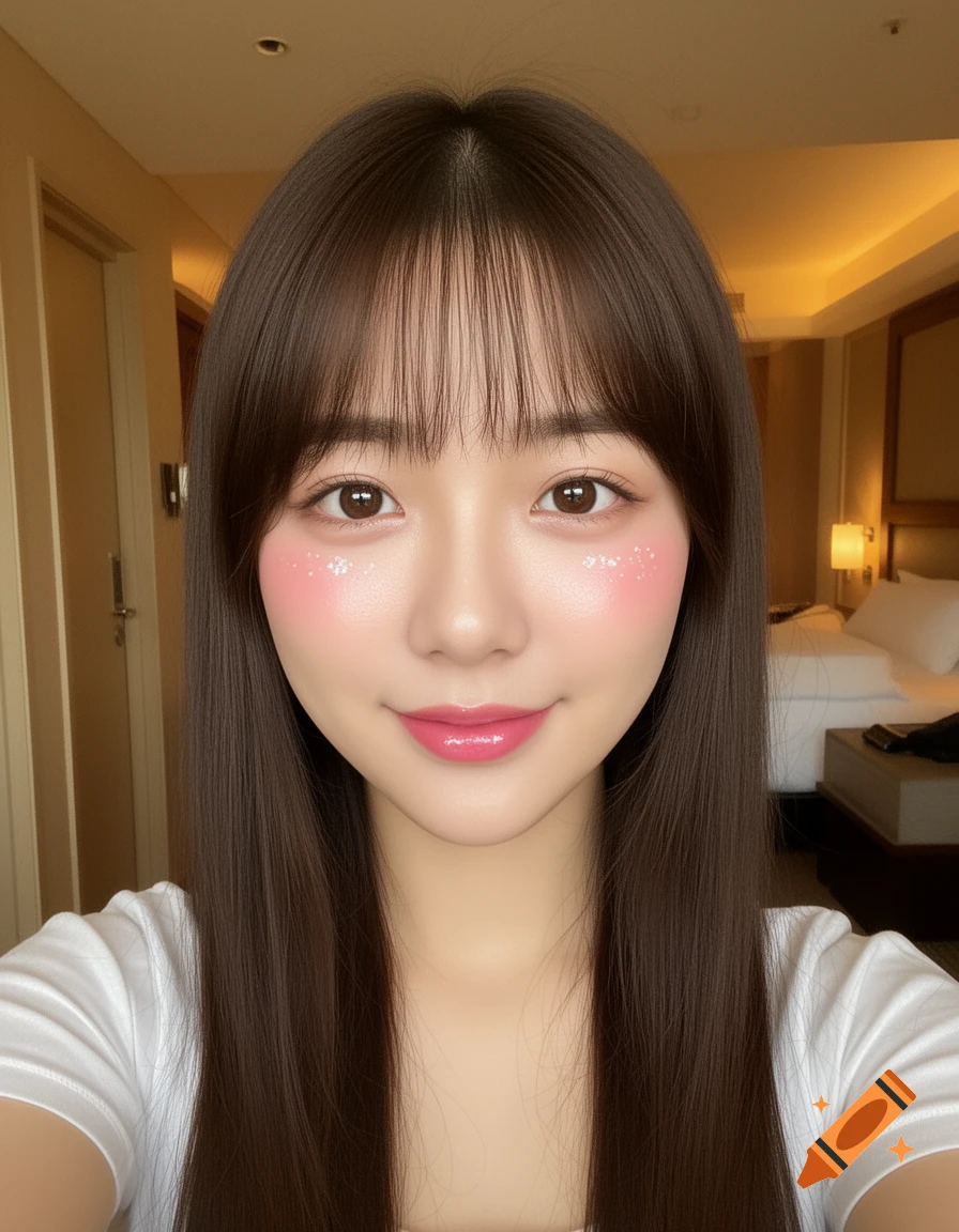Close-up selfie of a young East Asian woman with long brown hair and bangs, soft pink blush, glossy pink lips, and shimmering under-eye makeup, wearing a white shirt.