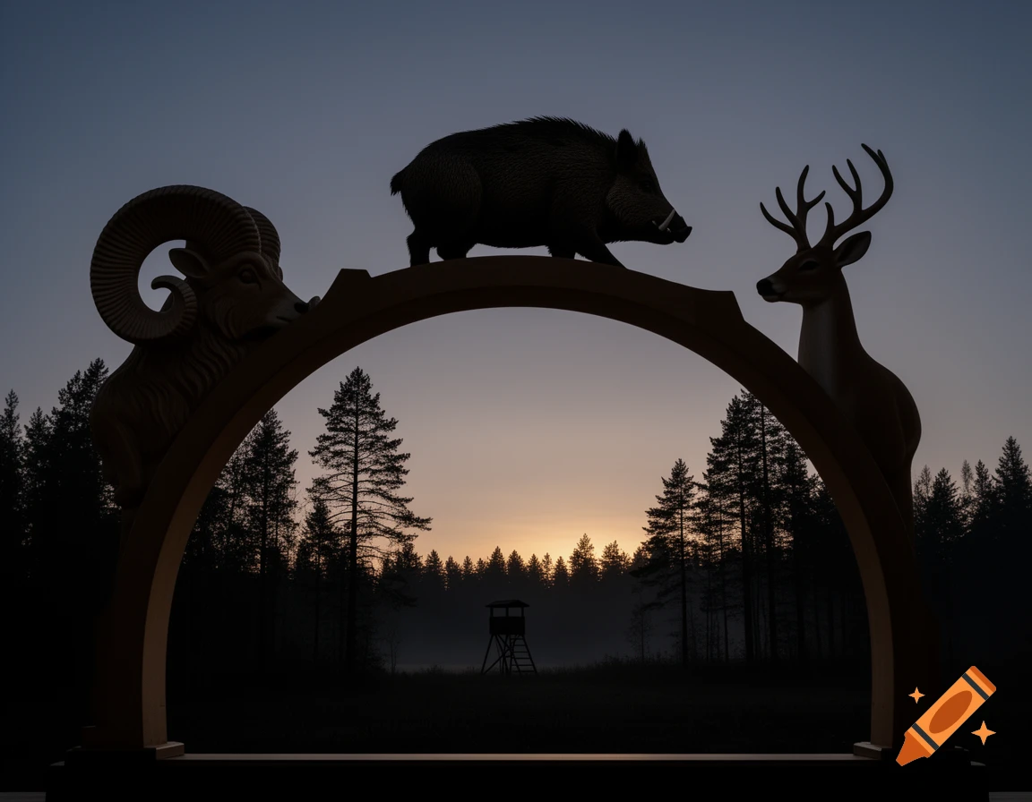 A silhouette archway with a ram, wild boar, and deer over a foggy forest with a hunting stand at sunrise.