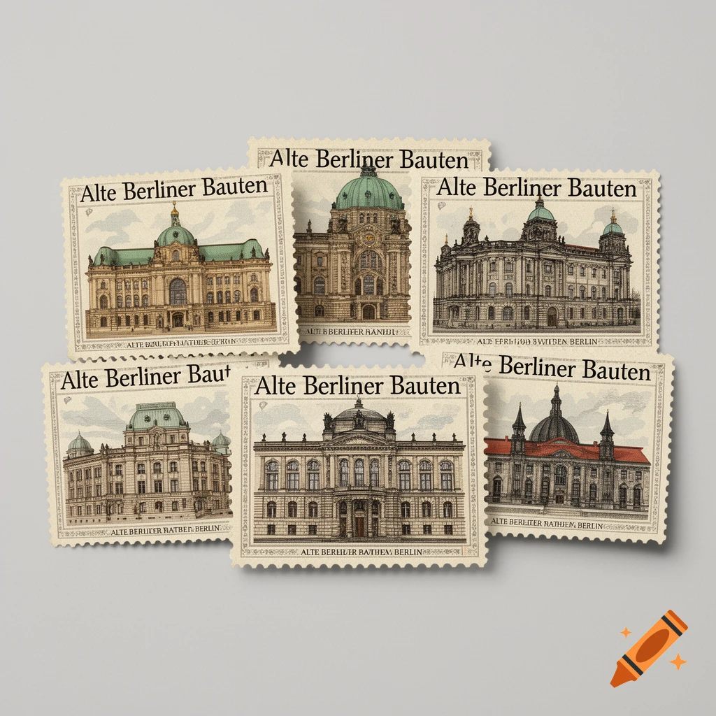Six antique-style postage stamps featuring detailed architectural drawings of old Berlin buildings with green domes, arranged on a grey background.
