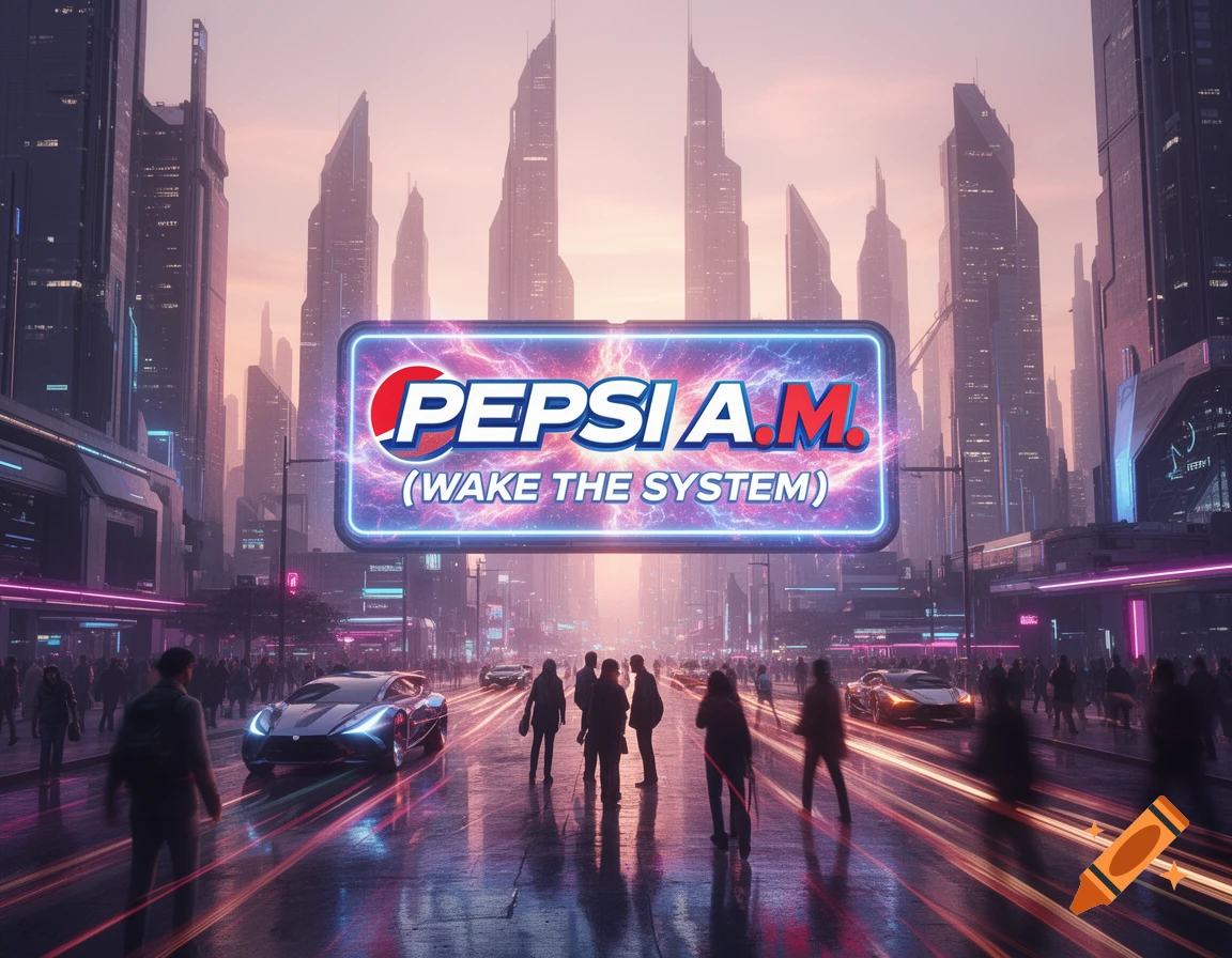 A neon Pepsi A.M. sign glows over a bustling futuristic city street with people and sleek cars, against a sunset sky.