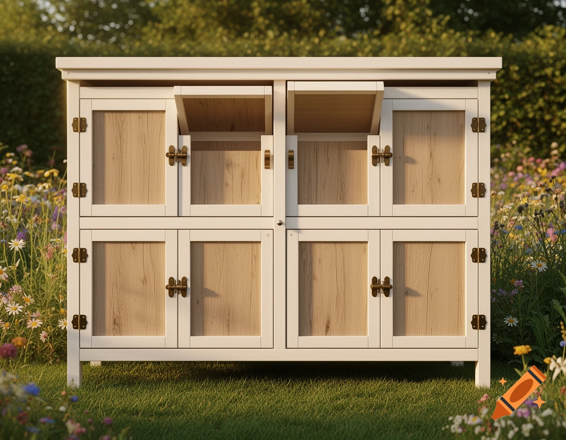 A white and light wood rabbit hutch with hinged lower doors and open sliding upper doors, standing on grass in a sunny garden.