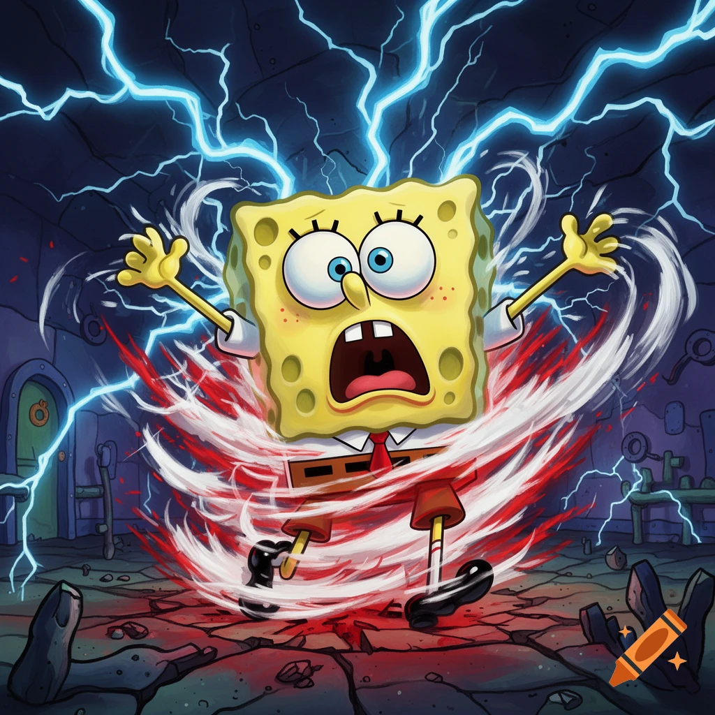 Spongebob Squarepants screaming in distress, surrounded by red and white swirling energy and blue lightning bolts in a dark room.