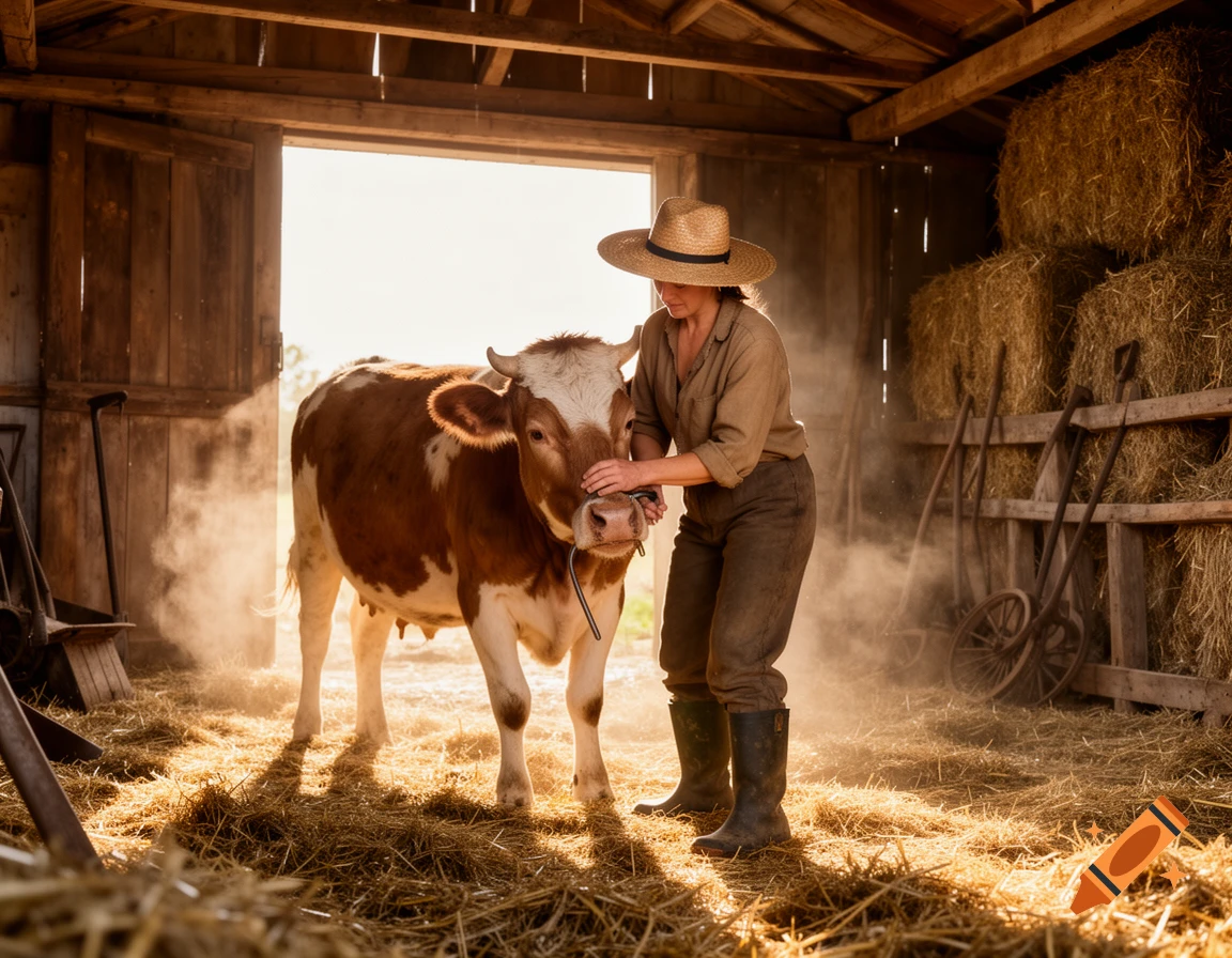 Female farmer in a straw hat interacts with a brown and white cow inside a dusty, sunlit barn filled with hay.