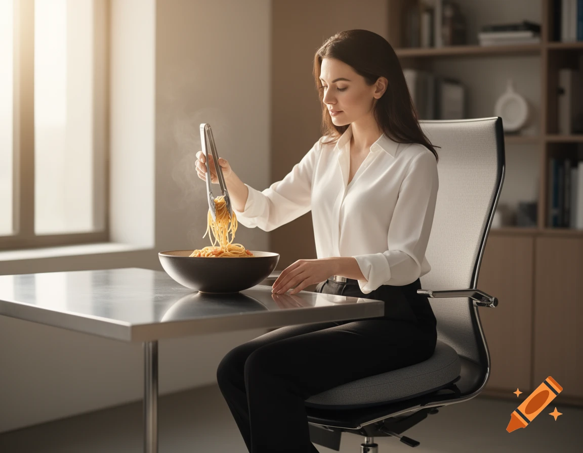 A woman in a white shirt and black pants uses tongs to serve spaghetti from a bowl at a table in a bright room.