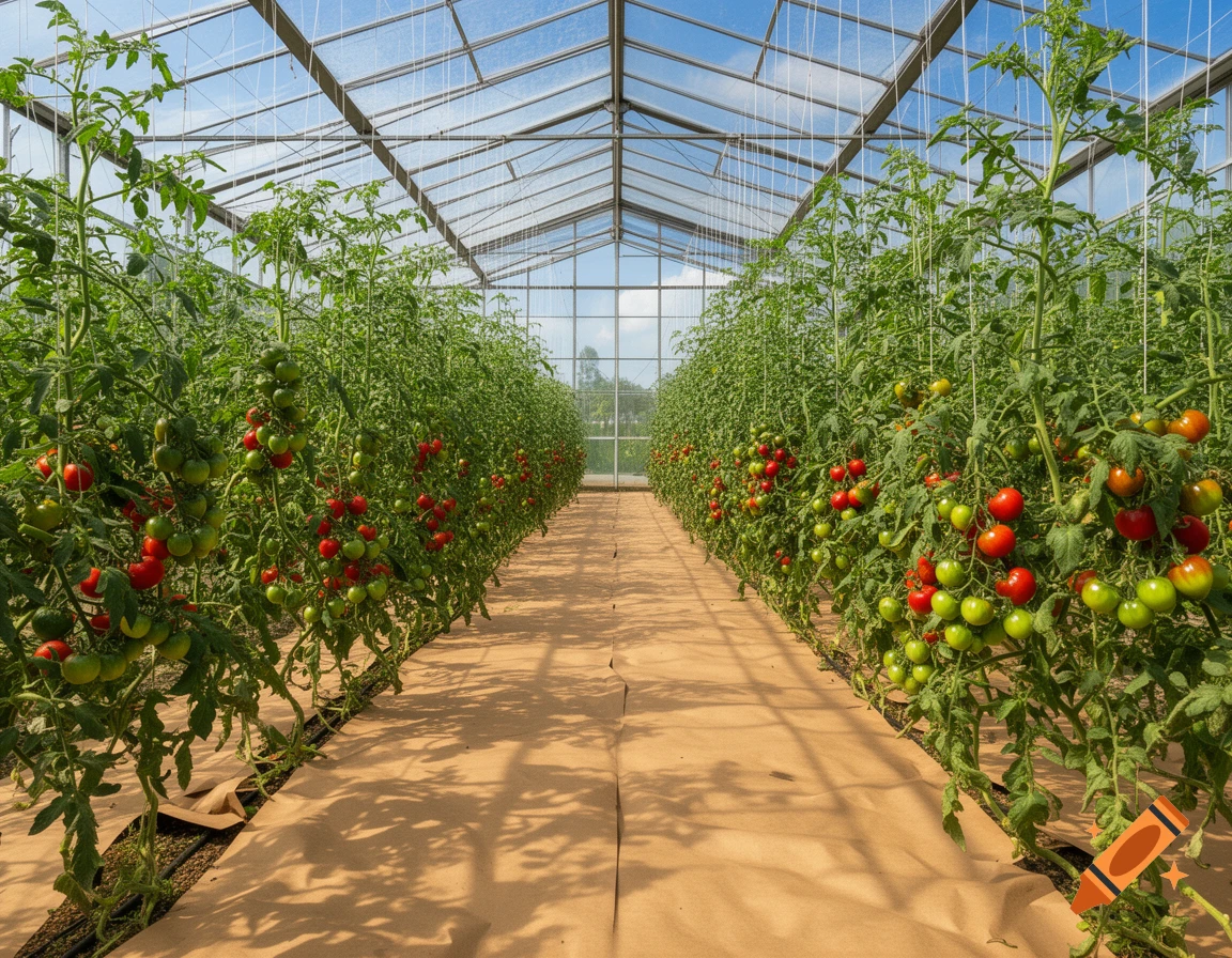A wide view inside a sunlit glass greenhouse with rows of green tomato plants bearing red and green tomatoes on kraft paper mulch.