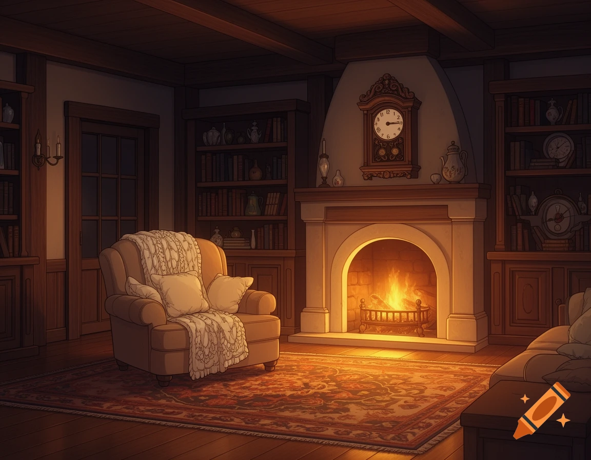 An illustrated cozy living room with a lit fireplace, armchair, and bookshelves, bathed in warm light.