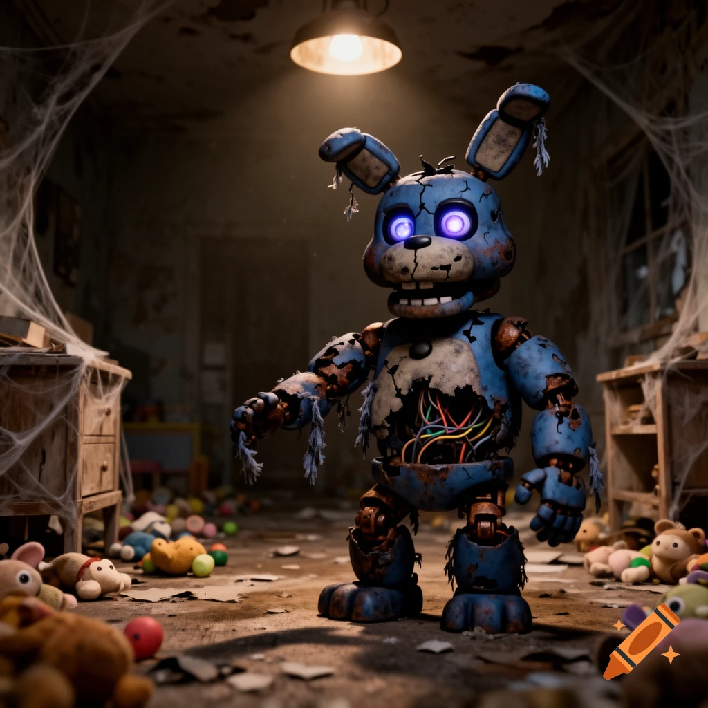 A blue, withered animatronic rabbit with glowing purple eyes and exposed wires stands in a dark, cobwebbed room filled with scattered toys.