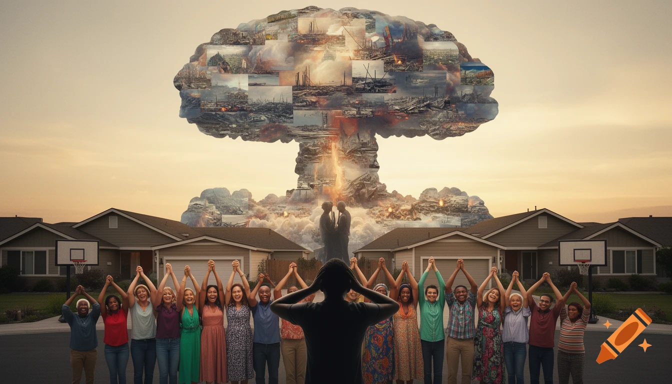 A silhouetted person faces a mushroom cloud collage of disasters, while diverse neighbors hold hands in a suburban street.