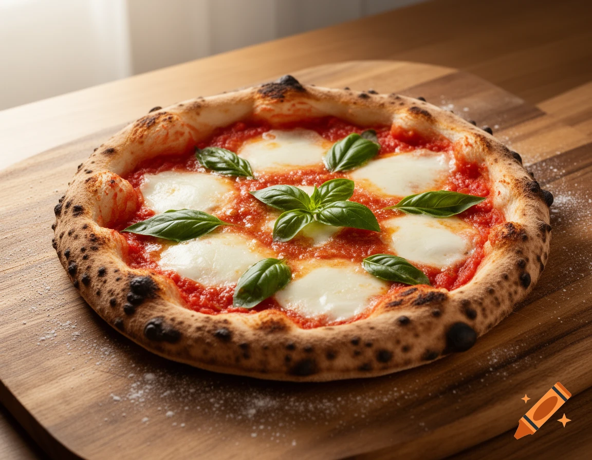 A freshly baked, photorealistic Neapolitan Pizza Margherita on a wooden board, topped with tomato sauce, mozzarella, and fresh basil.