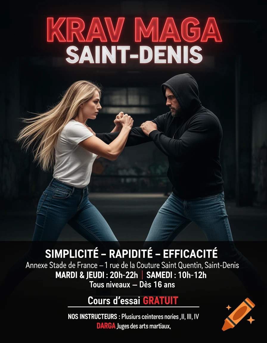A man and a woman in a Krav Maga combat stance, facing each other against a dark urban background. Red and white text 'KRAV MAGA SAINT-DENIS' appears above them. Information about classes is at the bottom.