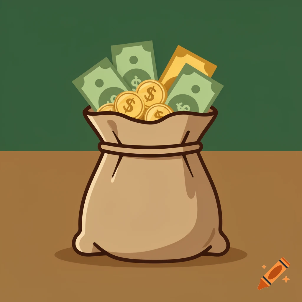 A cartoon money bag overflowing with green banknotes and gold coins, set against a green and brown background.
