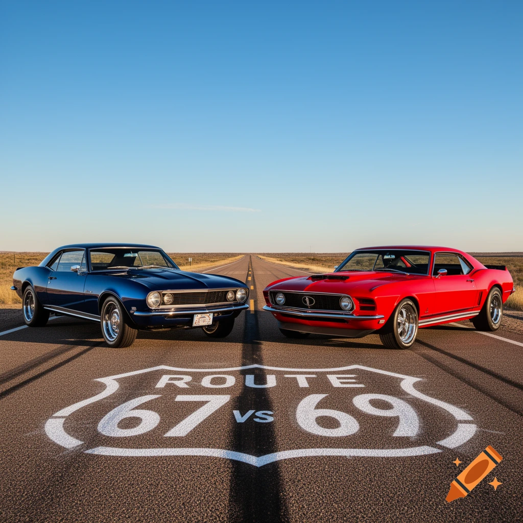 Blue and red classic cars on a desert road with 'ROUTE 67 VS 69' painted on asphalt.