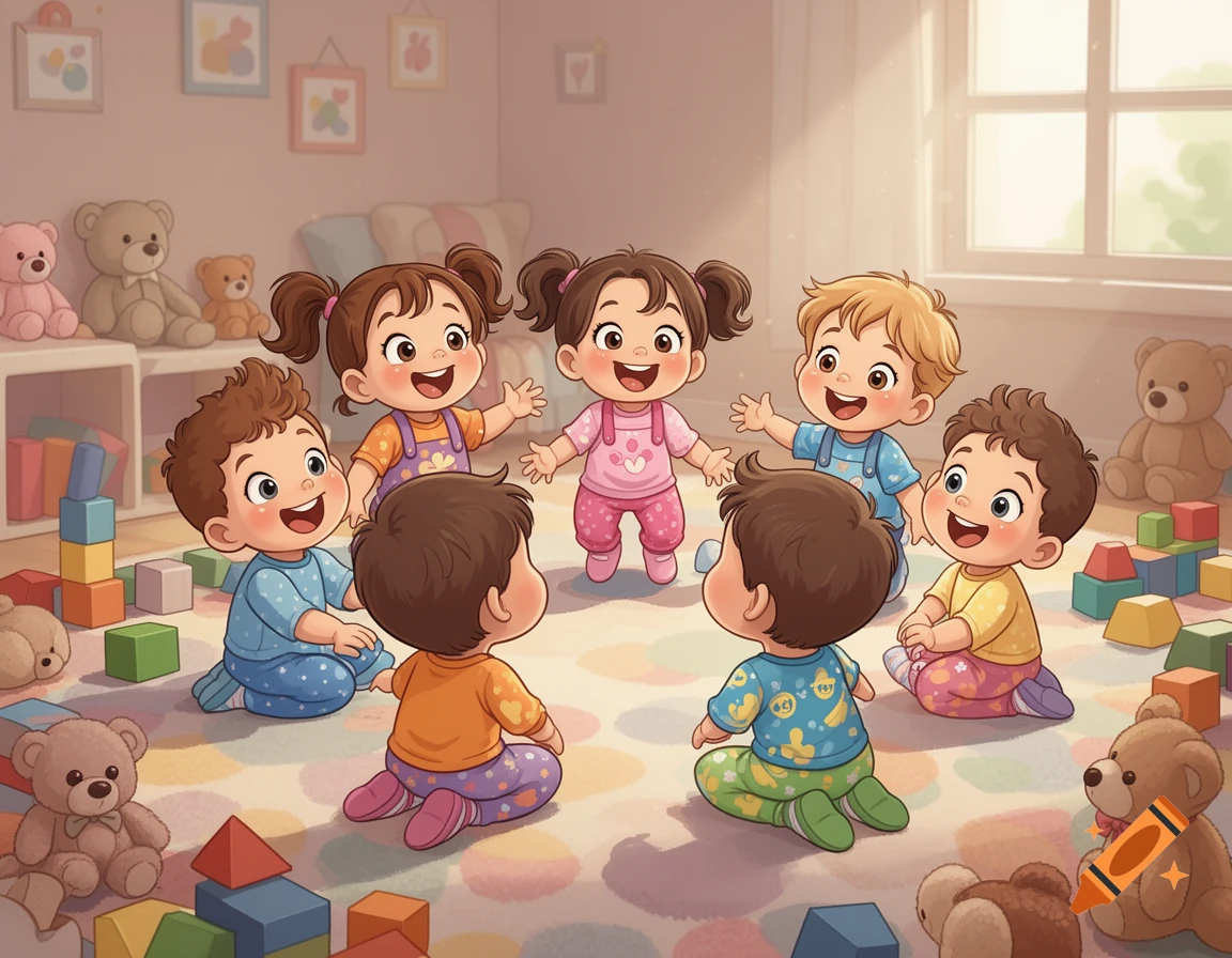 Cartoon toddlers playing together in a bright playroom with building blocks and teddy bears.