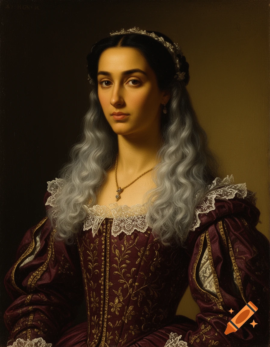 Oil painting of a regal 16th-century noblewoman with dark hair fading to grey waves, wearing an ornate maroon and gold dress.