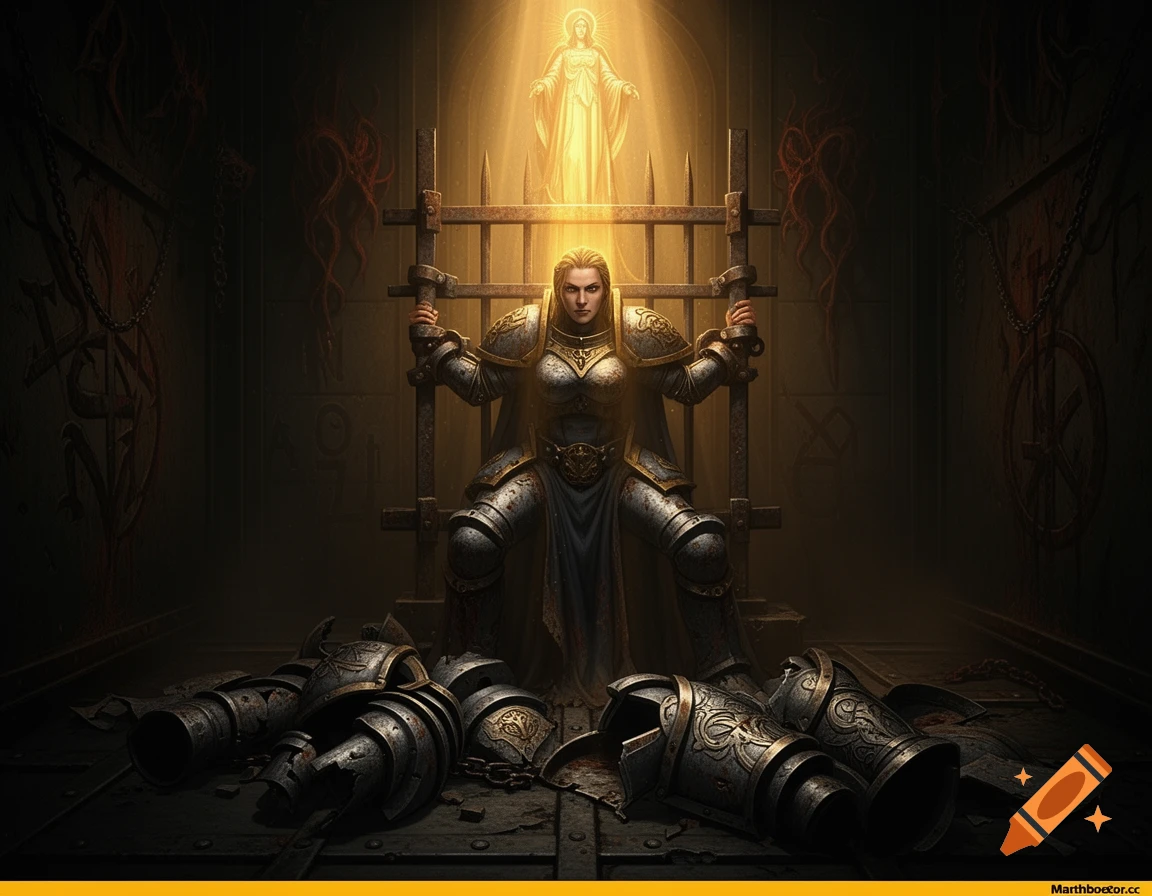 A heavily armored female warrior, a Sororitas, stands in a dark, grimy prison cell, illuminated by a glowing, ethereal figure above her, with discarded armor pieces on the floor.