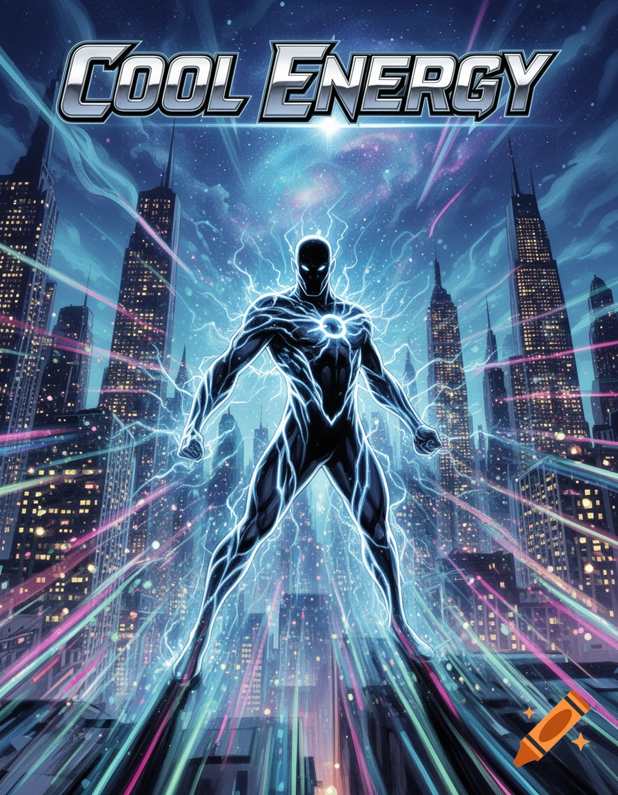 A comic book cover with a black superhero-like figure emitting blue energy, standing over a vibrant futuristic city with "COOL ENERGY" text at the top.