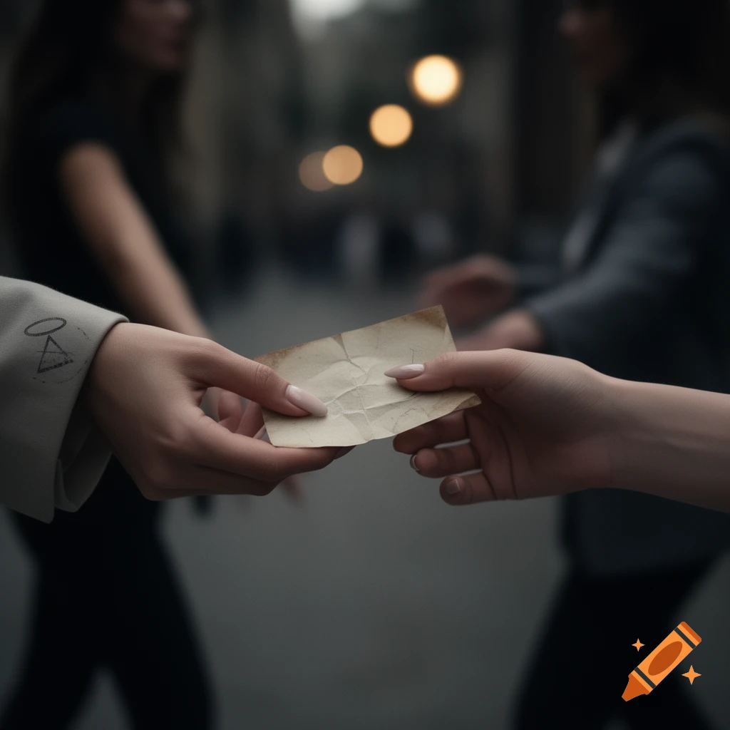 Close-up of two people's hands exchanging a crumpled piece of paper on a moody street with bokeh lights.