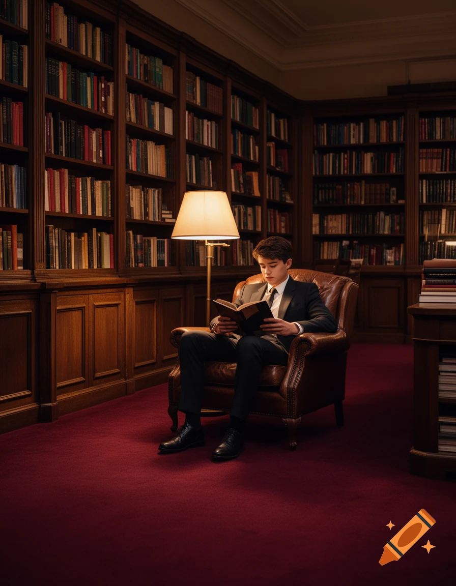 A young man in a suit sits in a leather armchair, reading a book under a lamp in a stately library with tall wooden bookshelves.