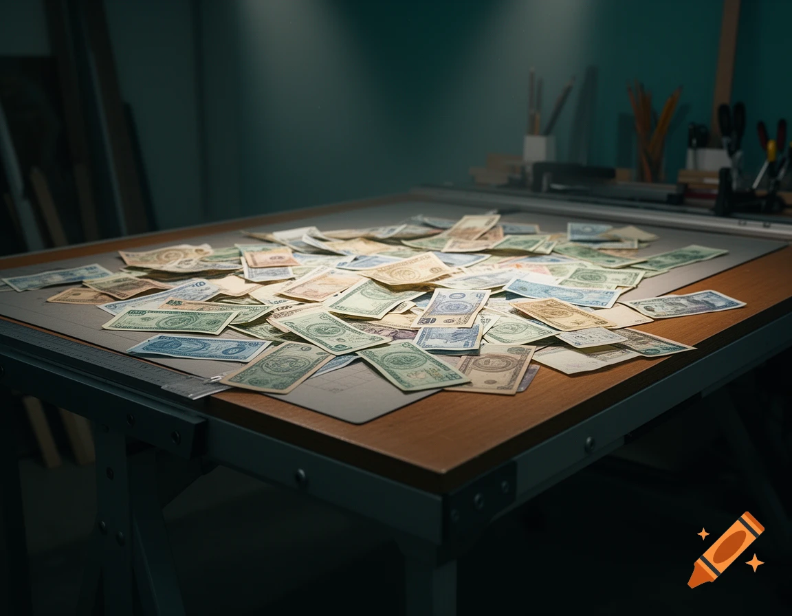 A photorealistic image of an industrial drawing table covered with scattered banknotes under dramatic lighting.