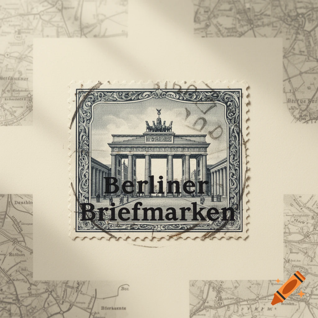 Vintage-style postage stamp featuring the Brandenburg Gate and 'Berliner Briefmarken', set against a blurred background of old maps.