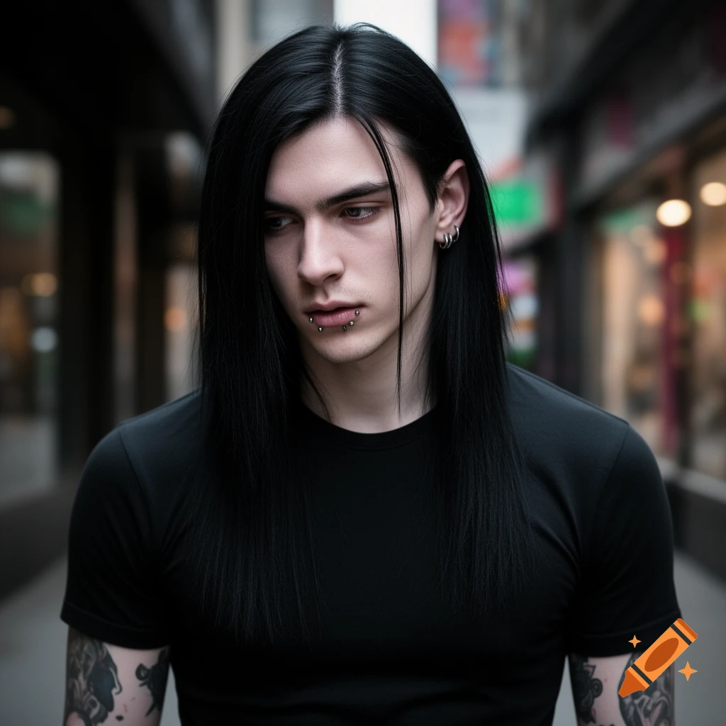 A young man with long black hair, lip and ear piercings, wearing a black t-shirt with tattoos, looking down on an urban street.