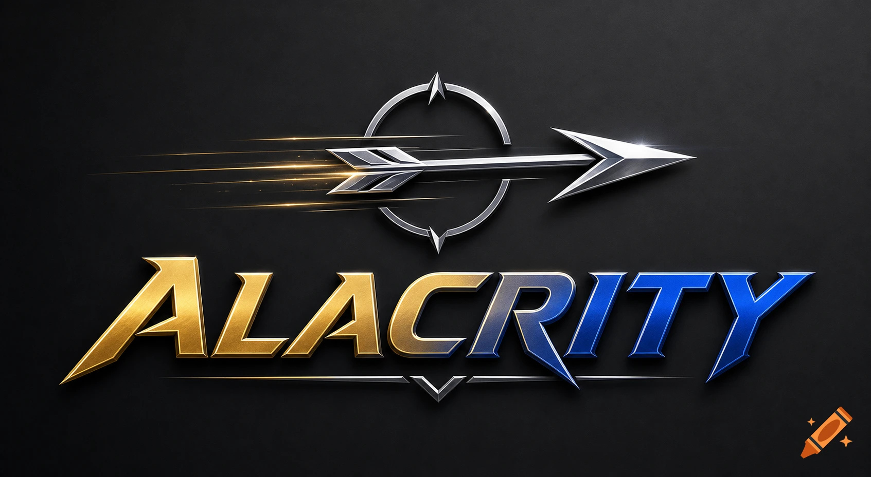 A shiny metallic logo featuring a silver arrow passing through a circular target symbol, with the word 'ALACRITY' in gold and blue beneath it.