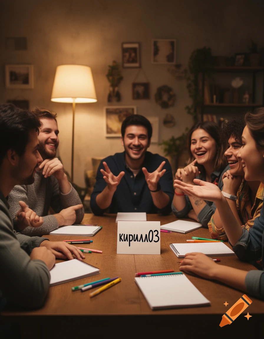 A diverse group of friends laughing and playing a board game around a table with notebooks and pens, showing a card with 'кирилл03'.