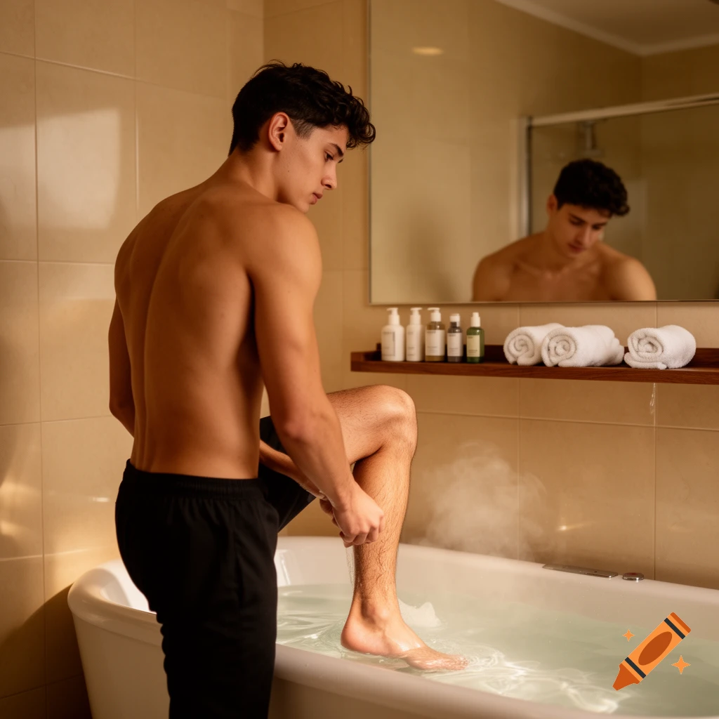 A shirtless man in black shorts steps into a steamy bathtub in a warm-toned bathroom, his reflection visible in the mirror.