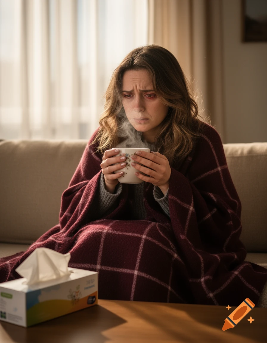 A woman with red eyes, wrapped in a maroon blanket, holding a steaming mug on a couch, with a tissue box nearby, looking sick.