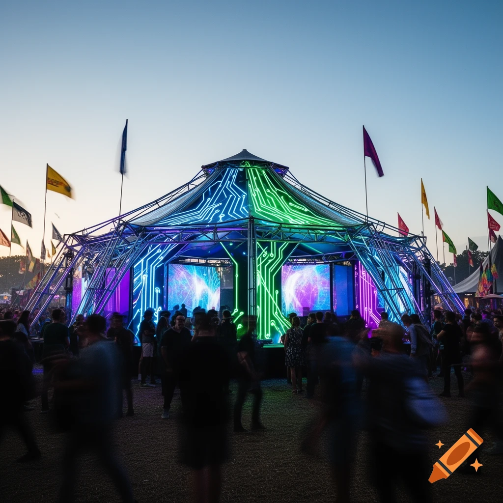A large outdoor tent illuminated with blue and green neon circuit-like lights at dusk, surrounded by a blurred crowd at a festival.