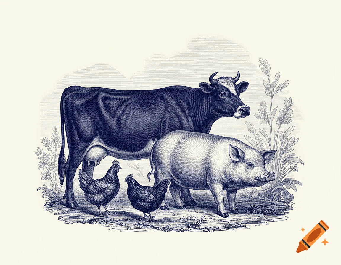 Vintage engraving illustration of a cow, pig, and two chickens standing in a farm scene with plants.