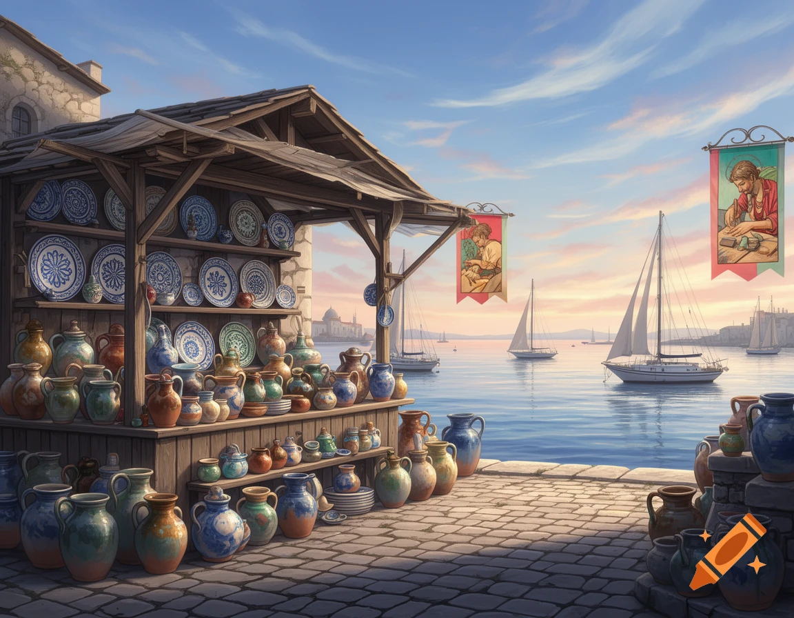 Illustrated pottery market stall on a cobblestone pier by a harbor with sailboats, displaying colorful ceramic pots and plates.