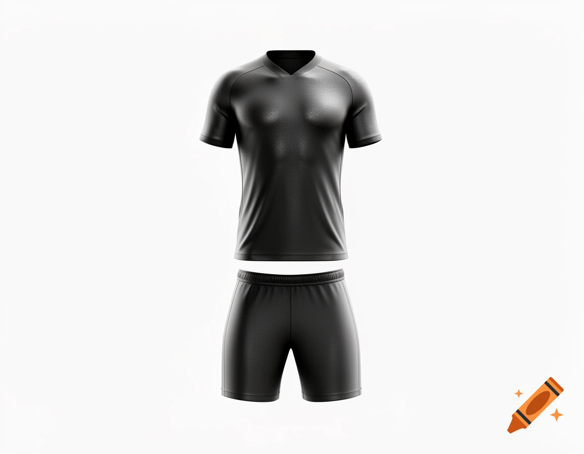 A minimalist black short-sleeved soccer jersey and matching shorts displayed on a white background.
