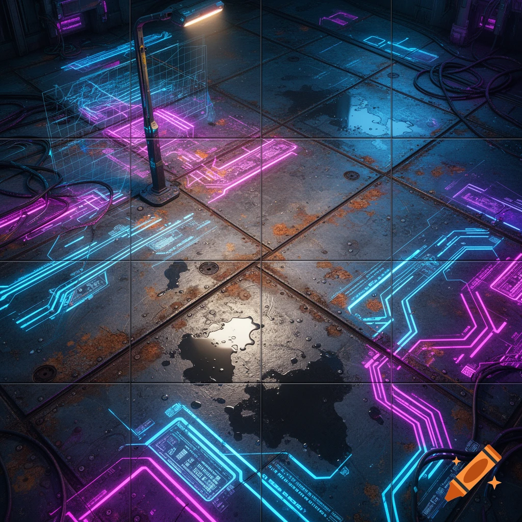 Top-down view of a gritty cyberpunk floor with metal panels, rust, and glowing neon circuits in blue and pink. Wet puddles reflect light, and data cables are scattered around, with a streetlamp shining overhead.
