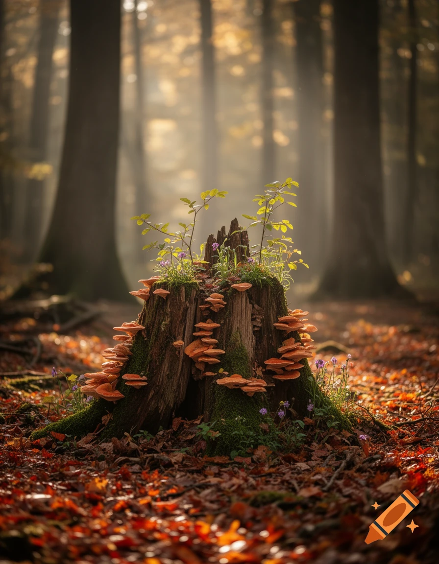 A detailed shot of an old tree stump covered in moss, small plants, and orange mushrooms in a sunlit forest, surrounded by fallen autumn leaves.