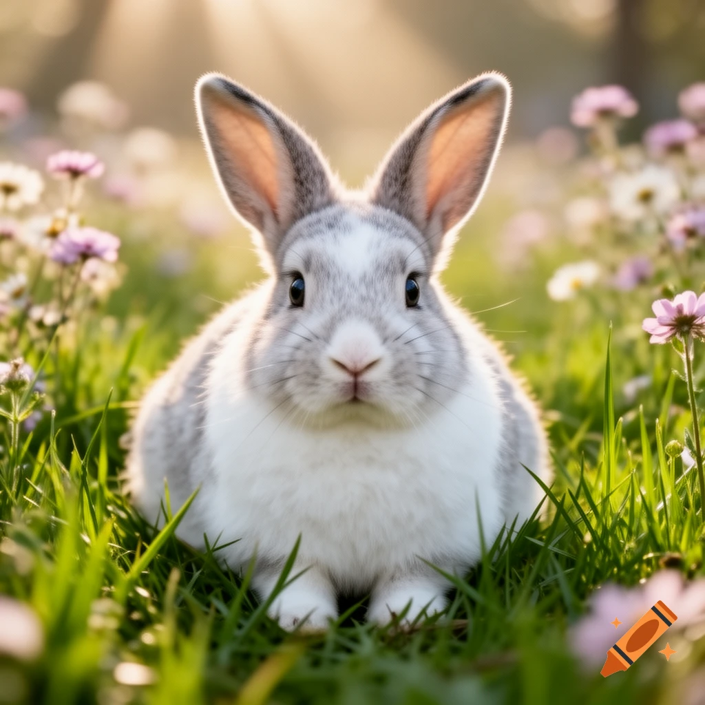 A fluffy gray and white rabbit sits amidst green grass and purple flowers, with soft sunlight from above.