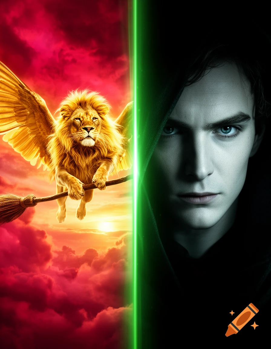 Split image: a golden winged lion on a broomstick over red clouds, and a pale-faced man in shadow, separated by a green light beam.