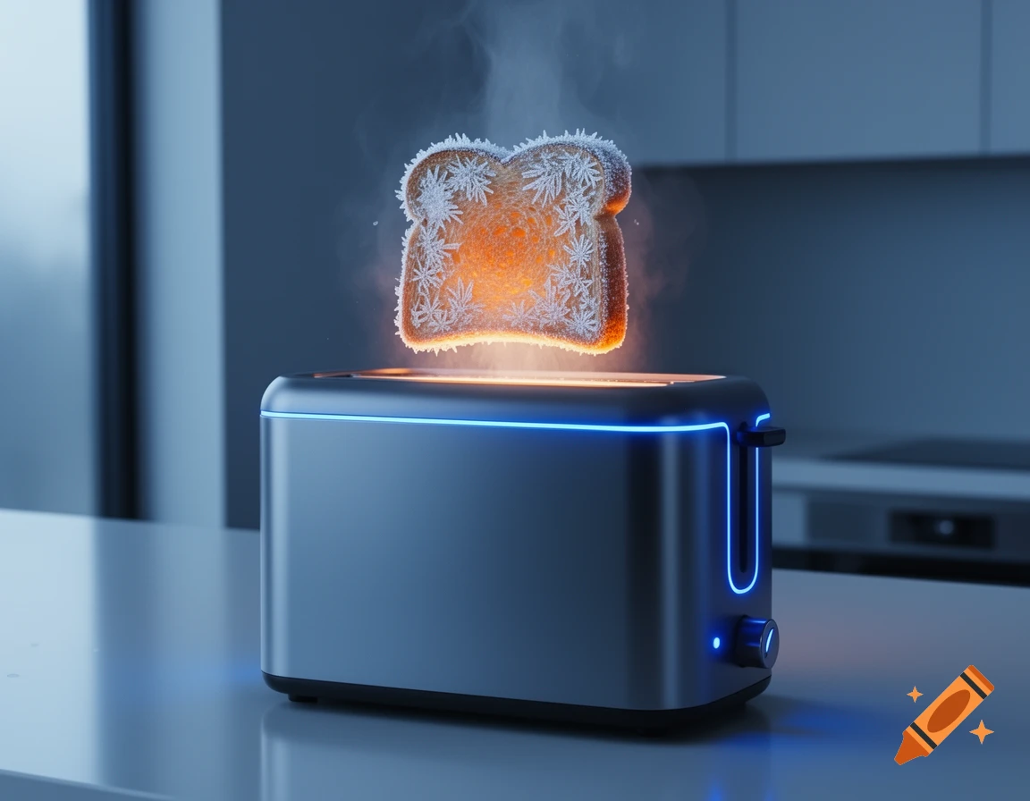 A sleek matte metal cold toaster with blue LED accents ejects a frost-covered bread slice with a warm, glowing center in a modern kitchen.