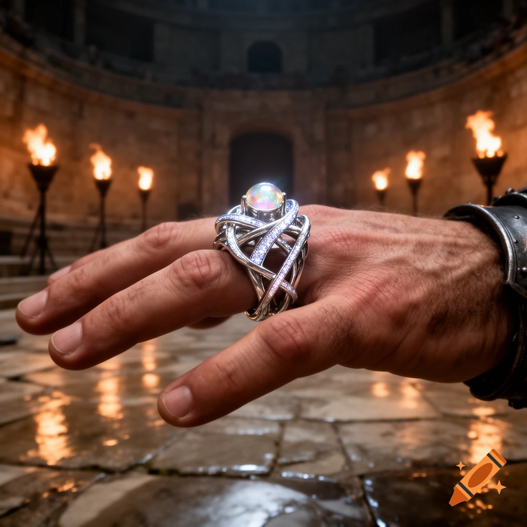A hand wearing an ornate silver ring with a glowing opal stone, set in a torch-lit ancient stone chamber.