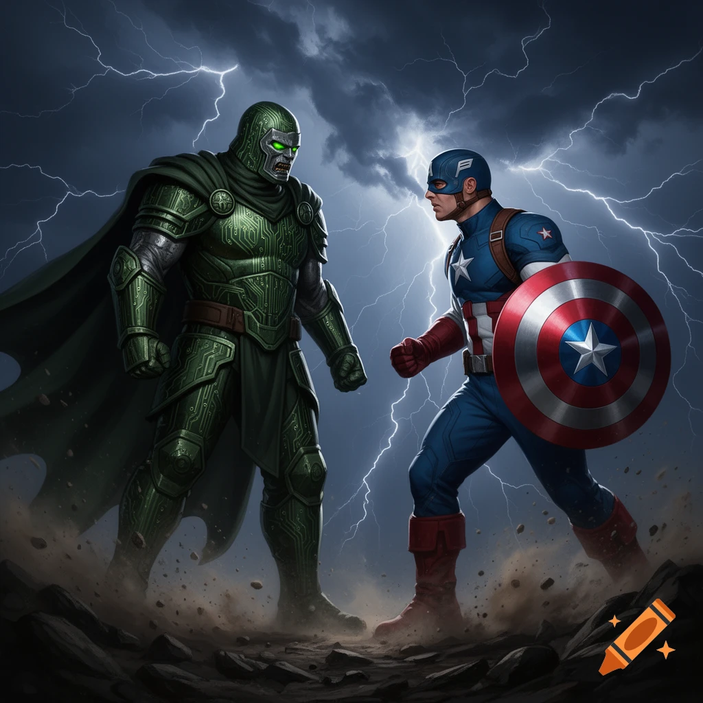 Dr. Doom and Captain America stand facing each other under a stormy, lightning-filled sky in a comic book art style.