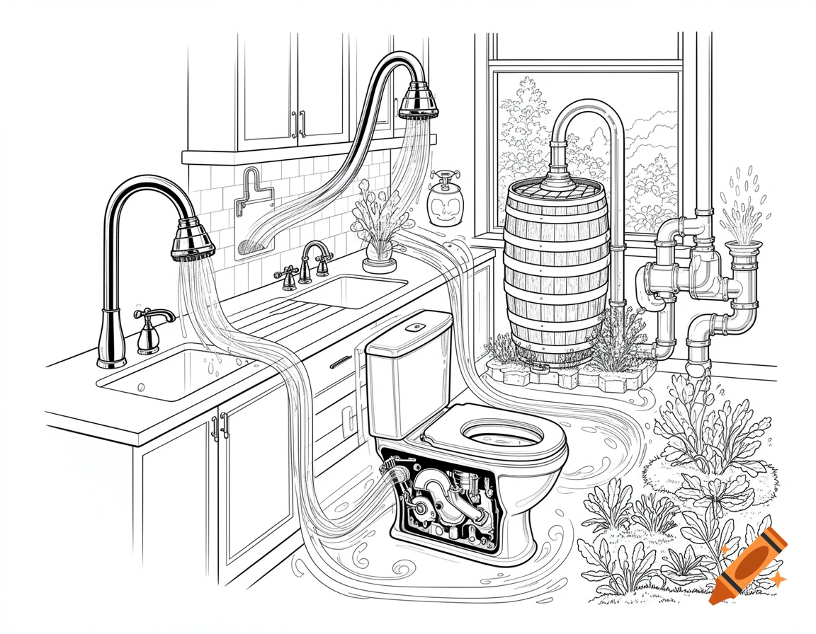 Black and white line drawing of an intricate plumbing system with water flowing from kitchen and bathroom fixtures to a rain barrel and plants.