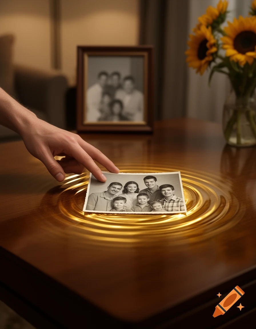 A hand touches a family photo on a wooden table, creating golden ripples. A blurred framed photo and sunflowers are in the background.