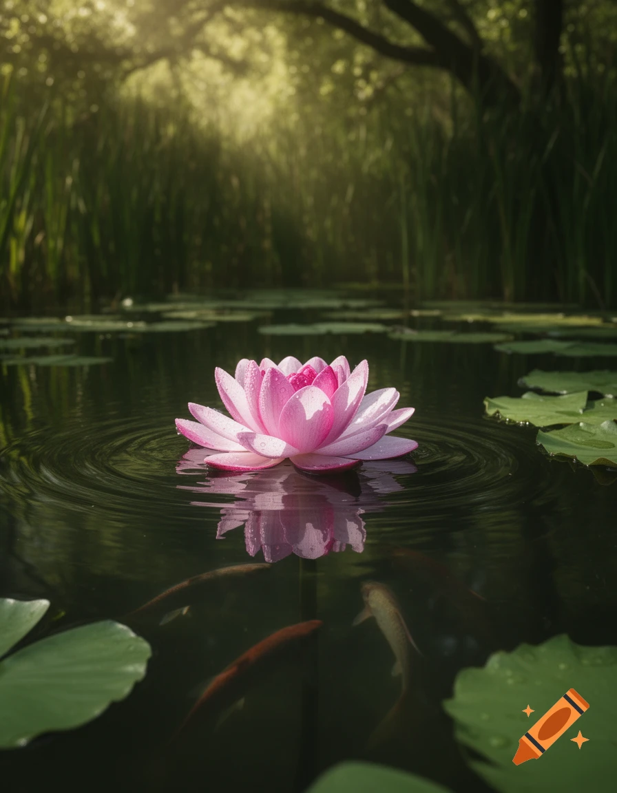 A vibrant pink water lily with water droplets floats on a dark pond with ripples, surrounded by lily pads and fish, under dappled sunlight.