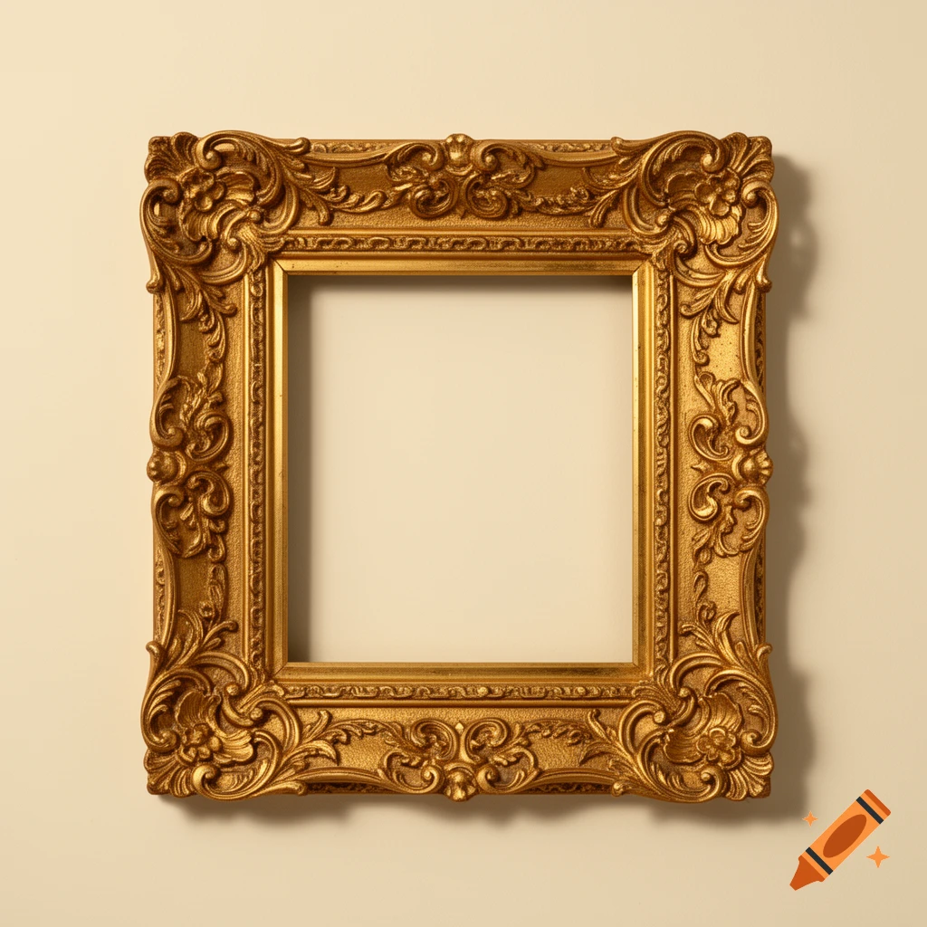 An ornate, empty gold picture frame with intricate carvings on a cream wall, casting a shadow.