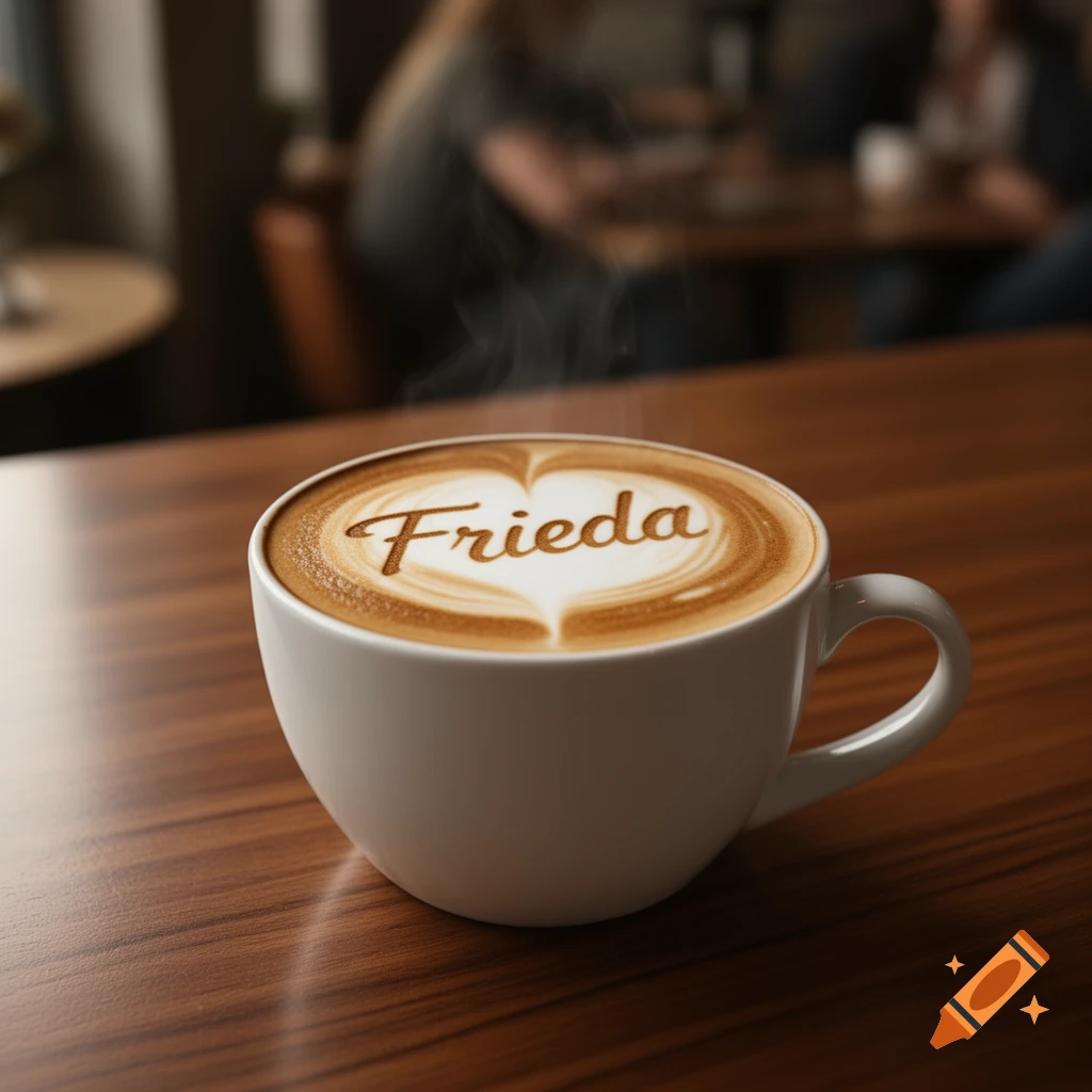 Photorealistic cappuccino with 'Frieda' spelled in latte art, steaming on a wooden table in a cafe.
