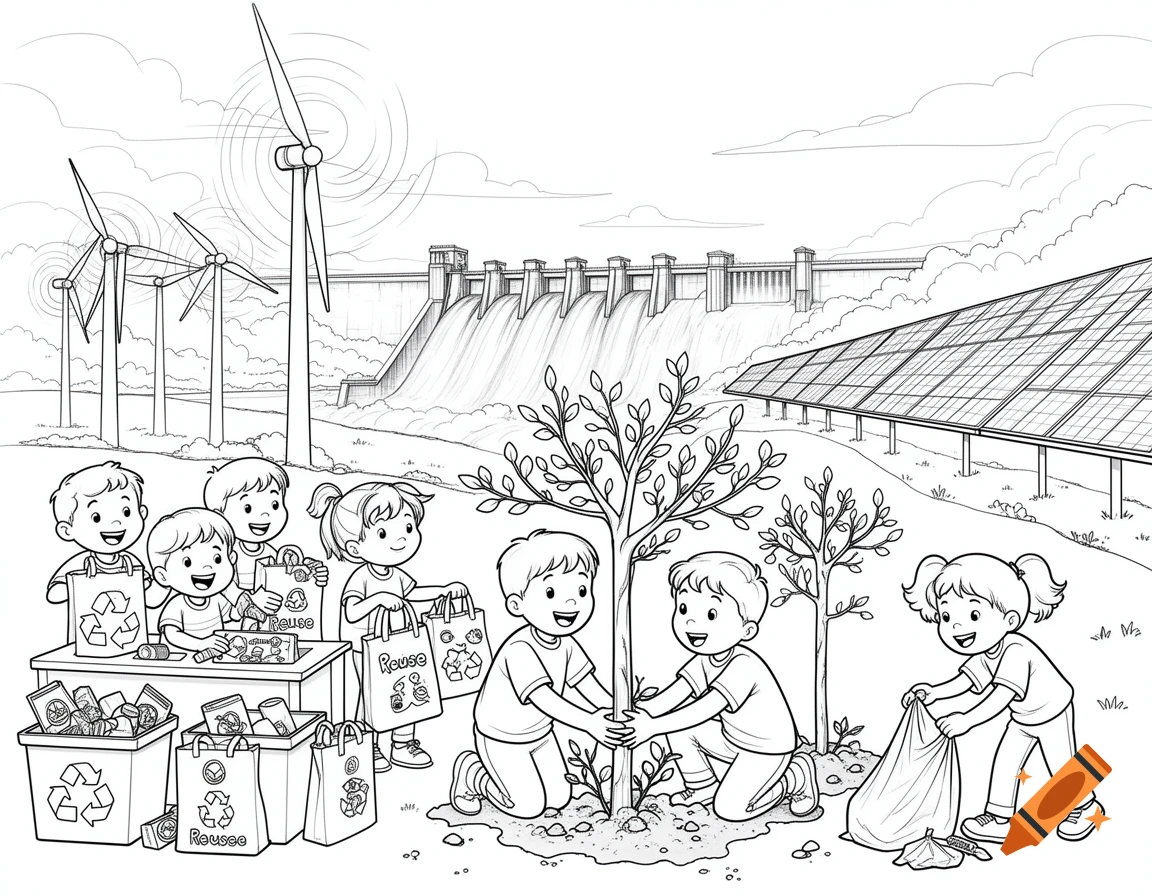 Black and white coloring page of children recycling, planting trees, and picking up trash, with wind turbines, a dam, and solar panels.