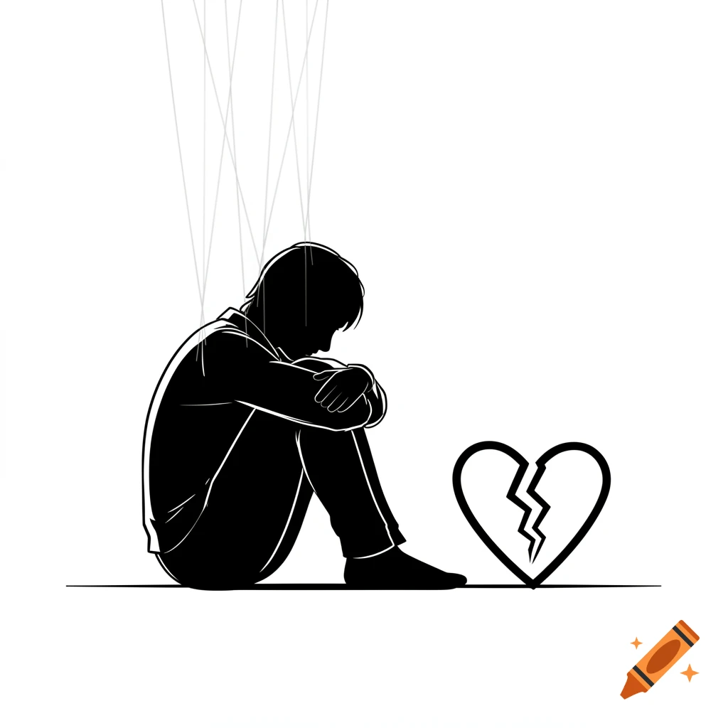 Minimalist black and white line art of a sad person silhouette hugging their knees, with faint puppet strings and a broken heart icon.