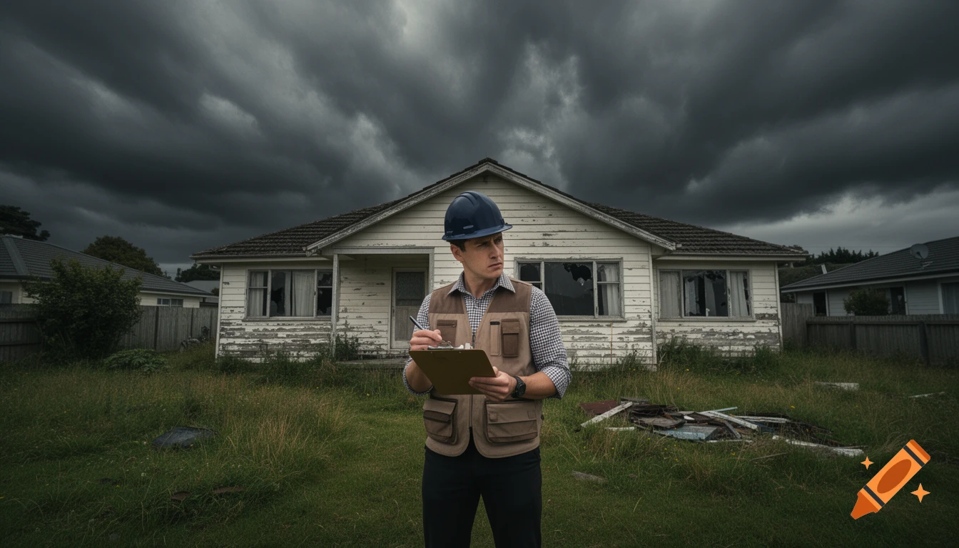 A concerned building inspector in a hard hat and vest stands in front of a crumbling house under a dark, ominous sky.