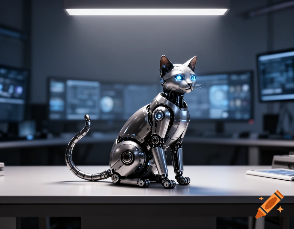 A sleek silver robot cat with glowing blue eyes sits on a white desk in a dimly lit, high-tech control room with monitors.